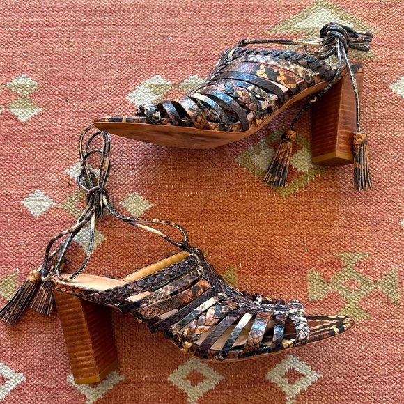 Ulla Johnson Rayna snake print leather lace up high heeled sandals wrap tassels - Picture 4 of 9